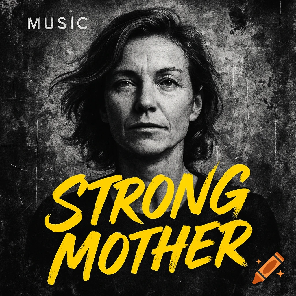 Black and white portrait of a serious woman with 'MUSIC STRONG MOTHER' in yellow text on a grungy background.