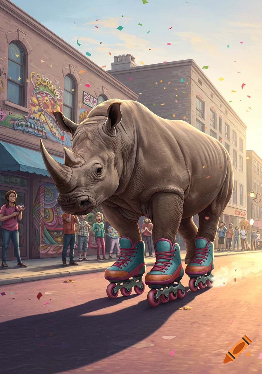 A large rhinoceros with teal and pink rollerblades walks down a city street, past buildings with colorful graffiti, as people watch and confetti falls.