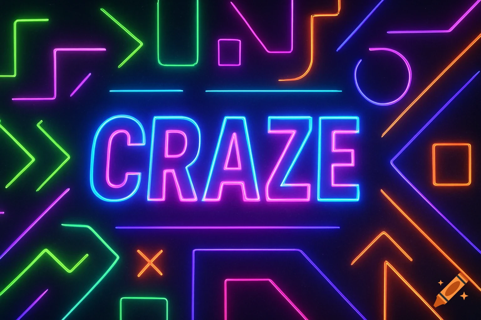 Neon blue and pink glowing word CRAZE surrounded by abstract neon lines in green, purple, and orange on a dark background.