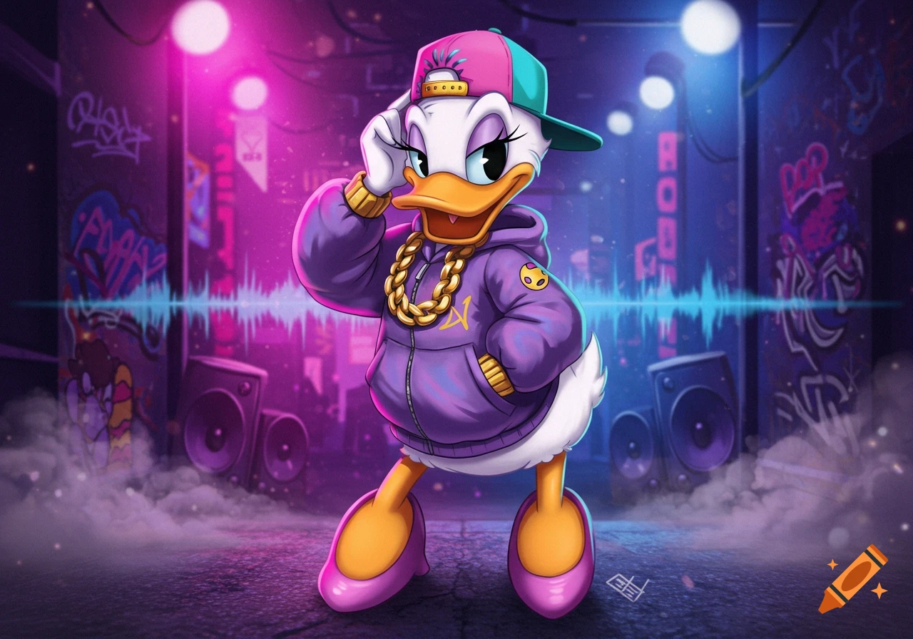 Daisy Duck wearing a purple hip hop hoodie, gold chain, and a pink and teal cap, standing in a neon-lit alley with graffiti and speakers.