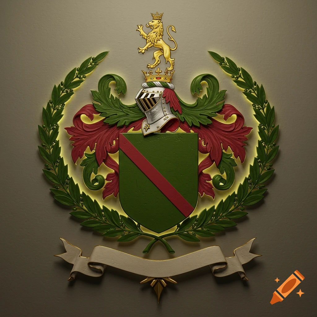A detailed family crest featuring a golden lion, a knight's helmet, a green shield with a red stripe, a green wreath with a golden glow, and a blank banner.
