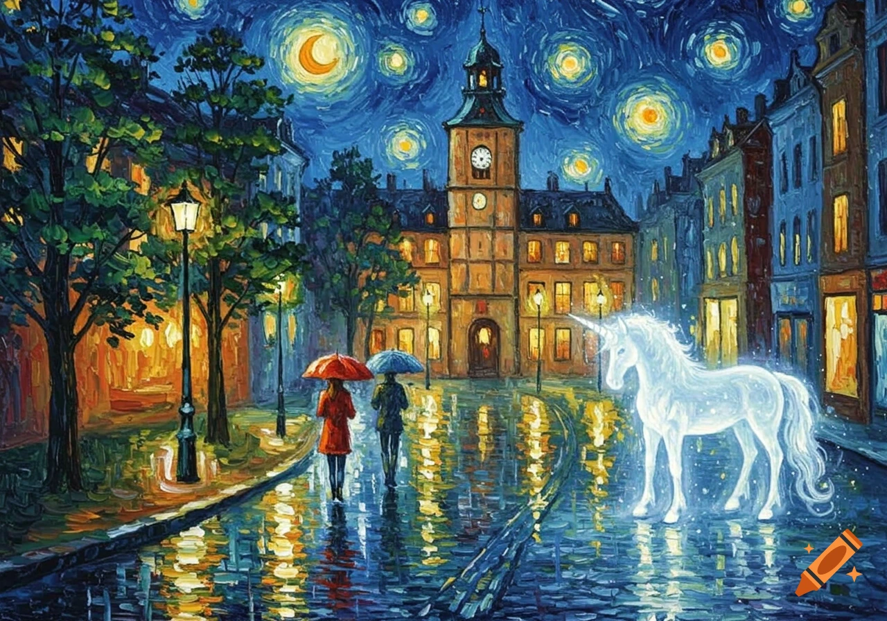 A starry night cityscape in Van Gogh style, with two people under umbrellas and a glowing white unicorn on a rainy street.