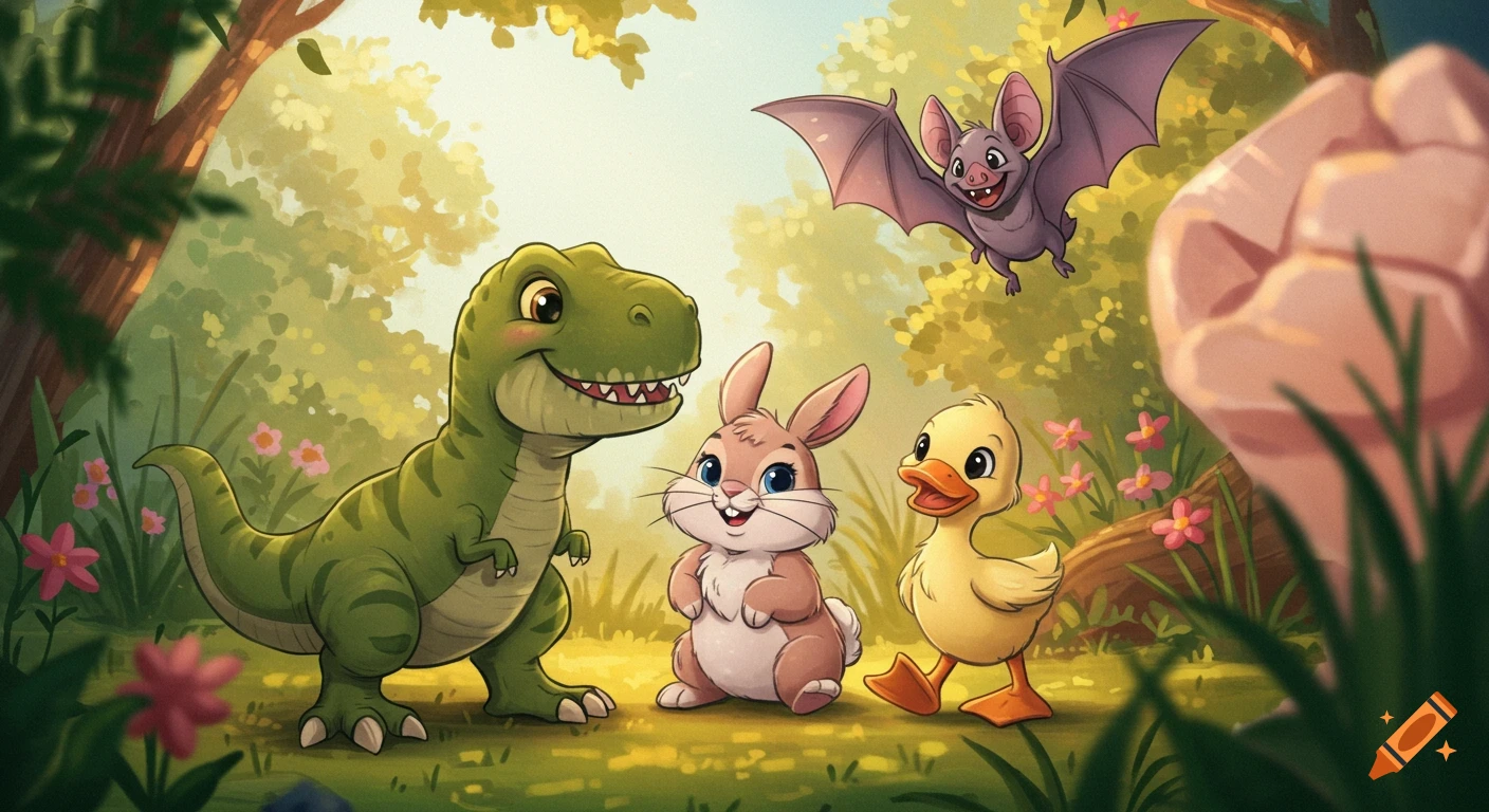 A cartoon T-Rex, bunny, duckling, and bat in a lush forest, in a Disney-inspired child-friendly style.