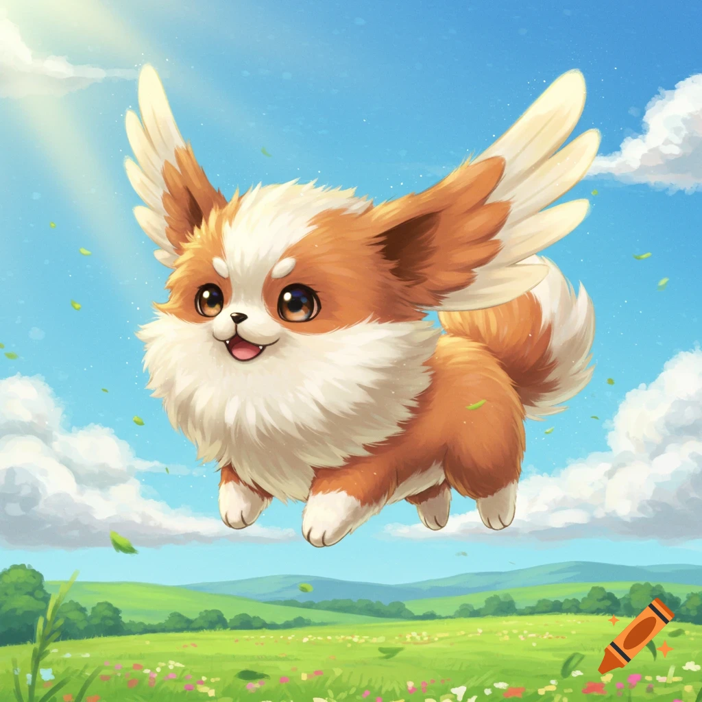 A cute, fluffy brown and white winged dog flying over a green field under a blue sky.