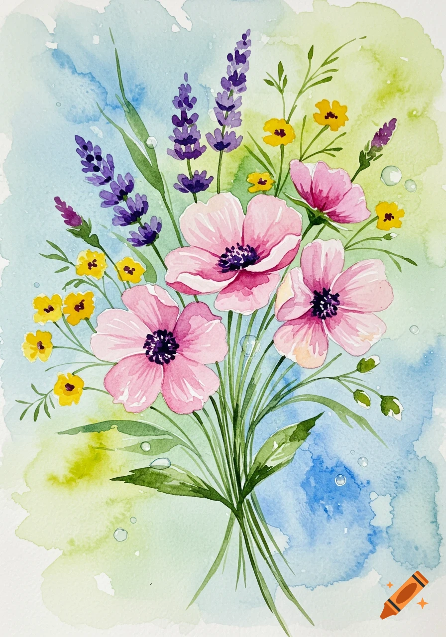 Watercolor painting of a vibrant bouquet with pink, yellow, and purple flowers against a blue and green background.