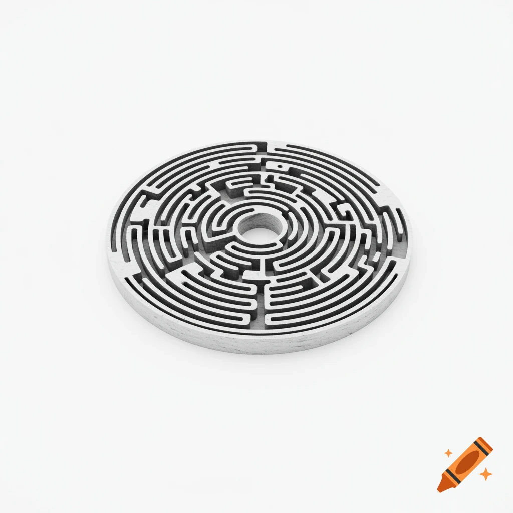 A grayscale 3D circular labyrinth on a white background.
