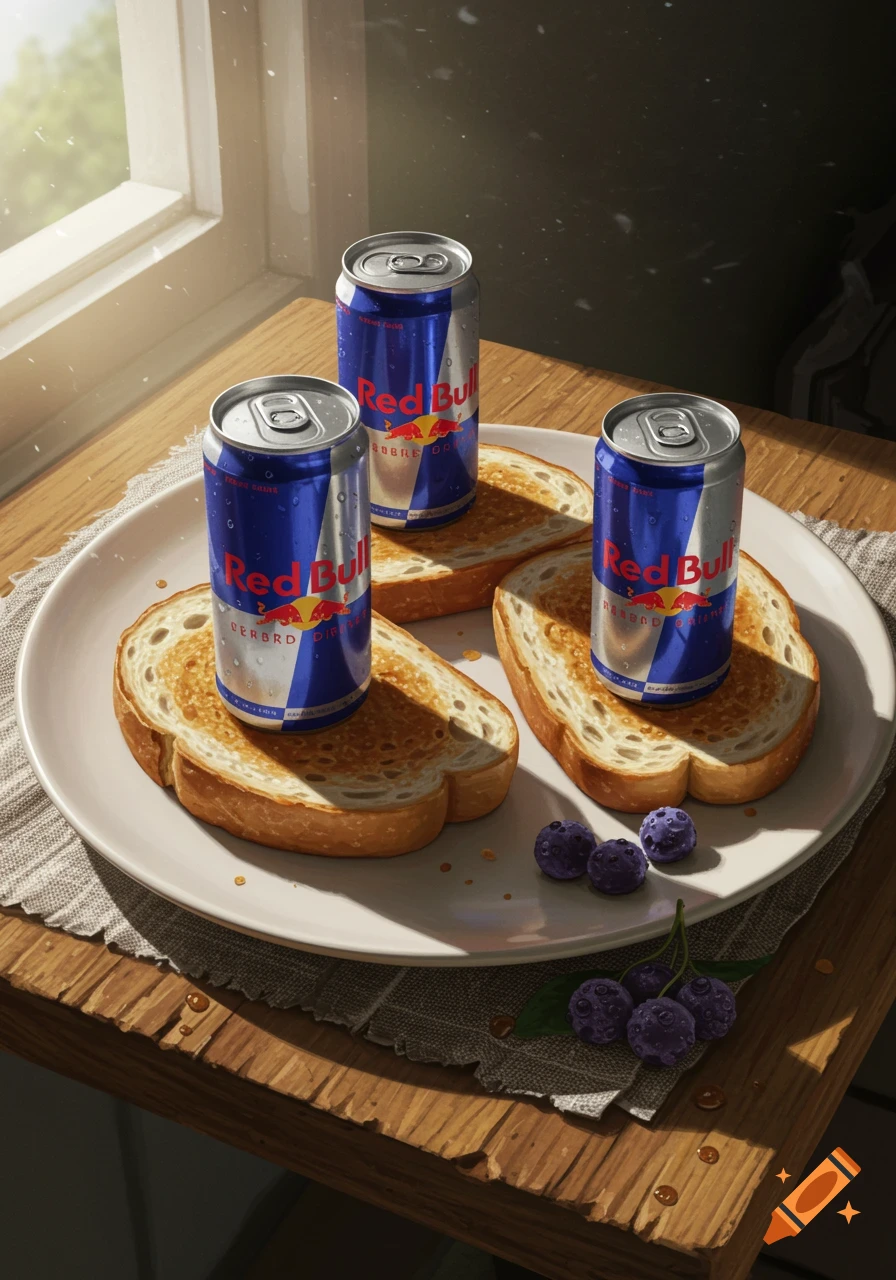 Three cold cans of Red Bull sitting on slices of toasted bread, next to some berries on a white plate on a wooden table near a sunlit window.