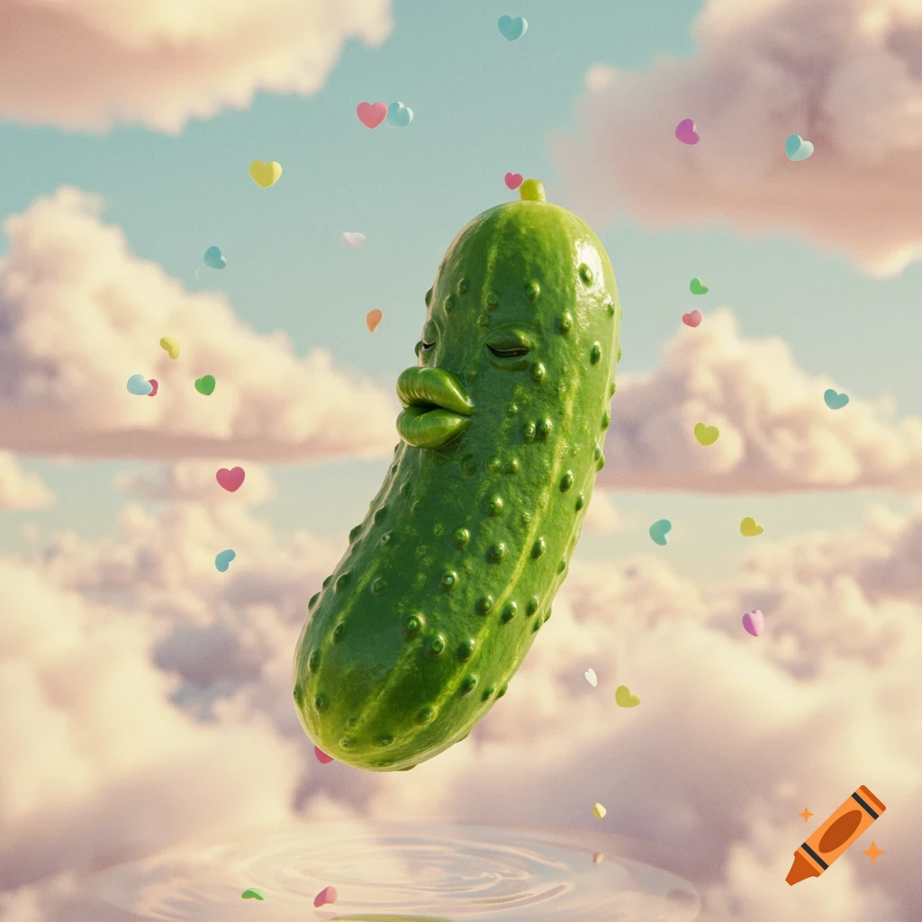 A green pickle with large human lips and closed eyes floats in a cloudy sky with colorful hearts around it, reflecting on water.