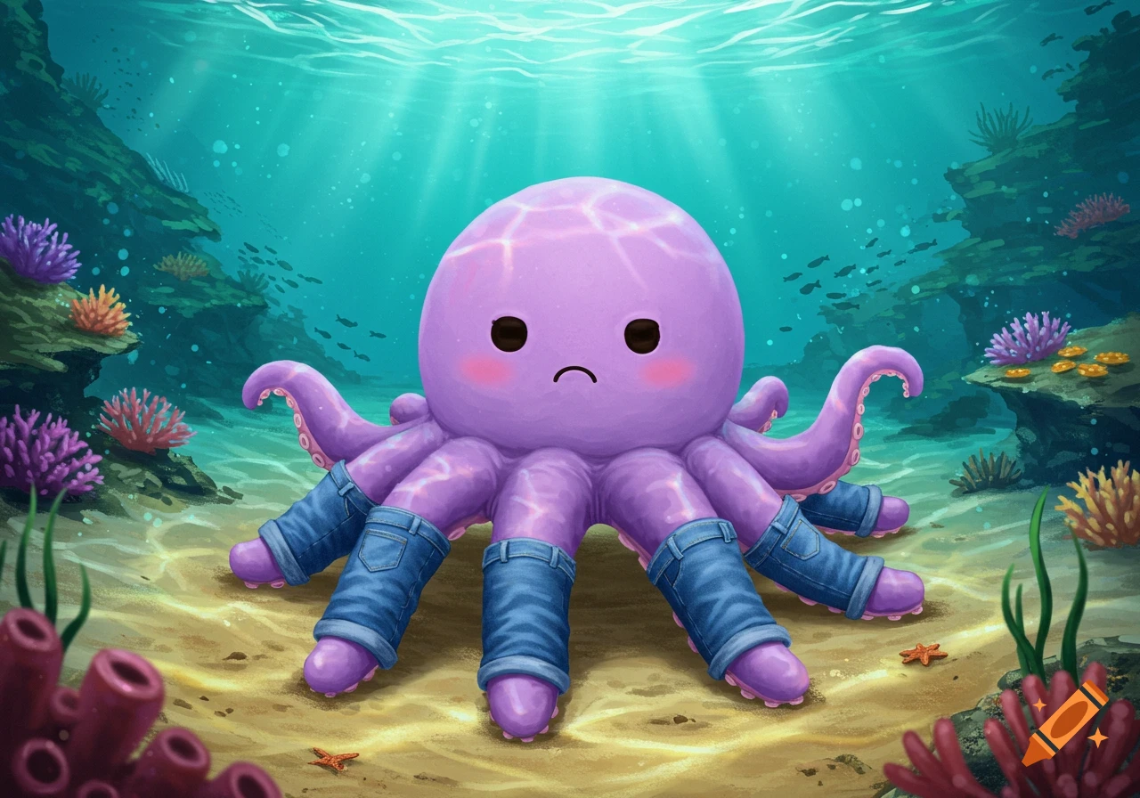 A cute, purple cartoon octopus wearing blue jeans on all eight legs sits on the sandy ocean floor surrounded by colorful corals and fish.