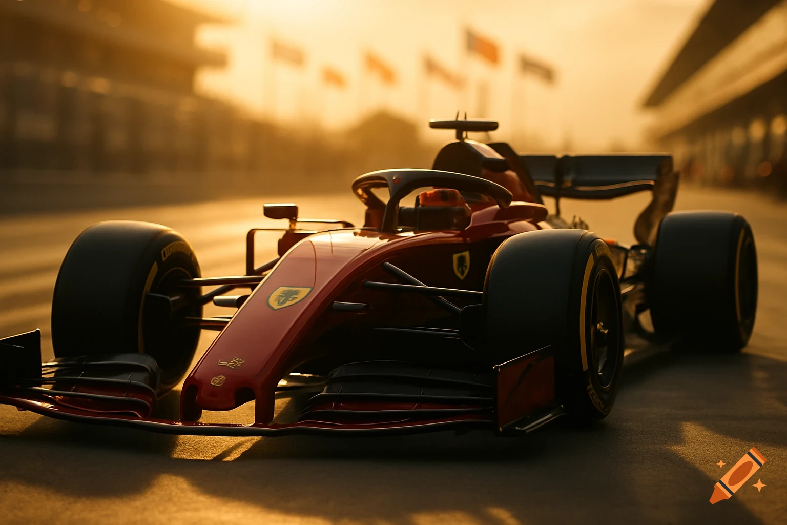 A low-angle shot of a cherry red Formula 1 car parked on a racetrack at sunset, bathed in golden light.
