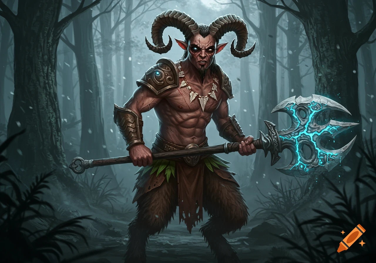 A menacing horned satyr with a dark eye and leather armor stands in a misty forest, wielding a glowing blue axe.