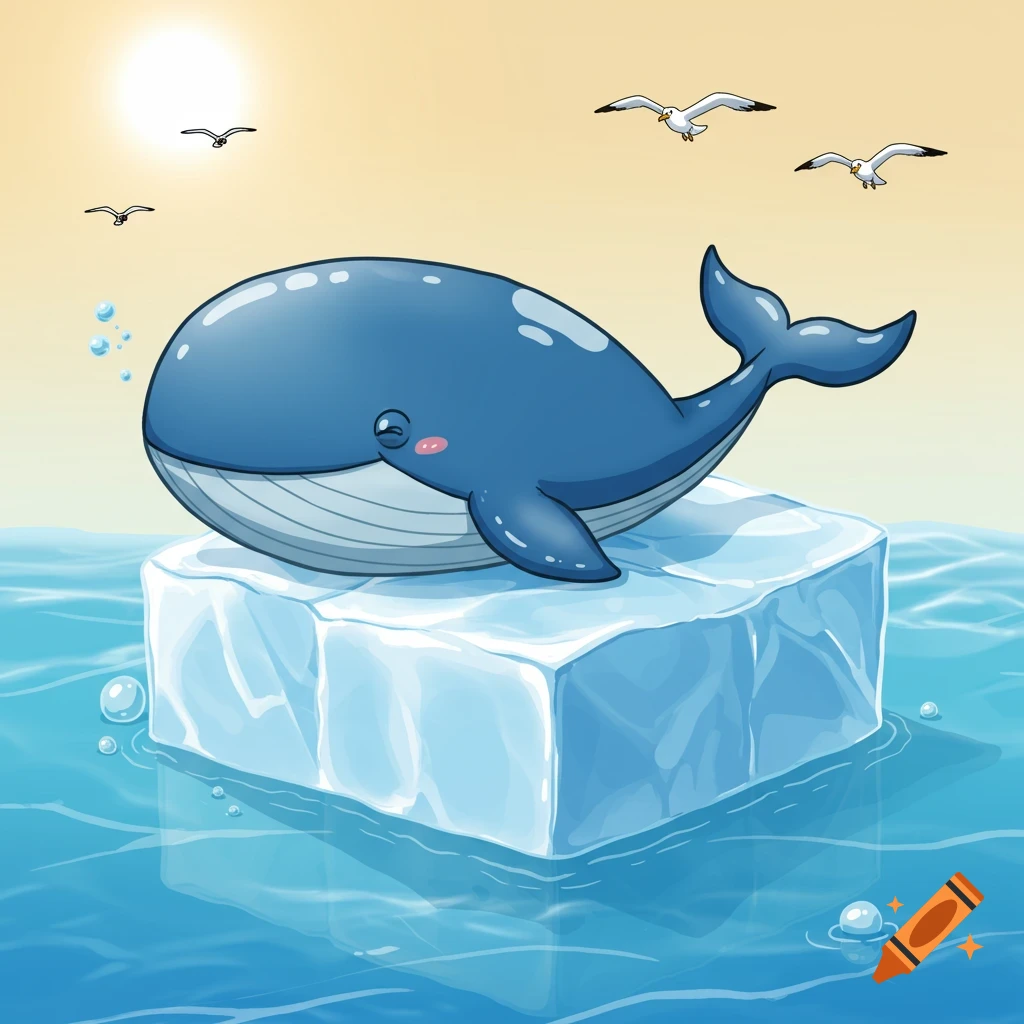A cute blue cartoon whale rests on a large ice cube floating in the ocean under a sunny sky with seagulls flying above.