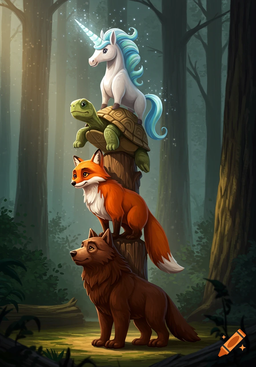 Cartoon wolf, fox, turtle, and unicorn stacked like a totem pole in a magical forest, in a Brother Bear style.