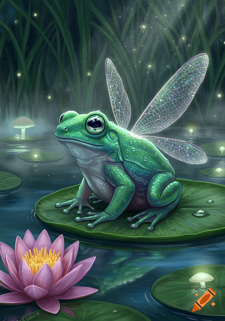 A whimsical frog with iridescent fairy wings sits on a lily pad in a mystical pond with glowing mushrooms and a pink water lily.
