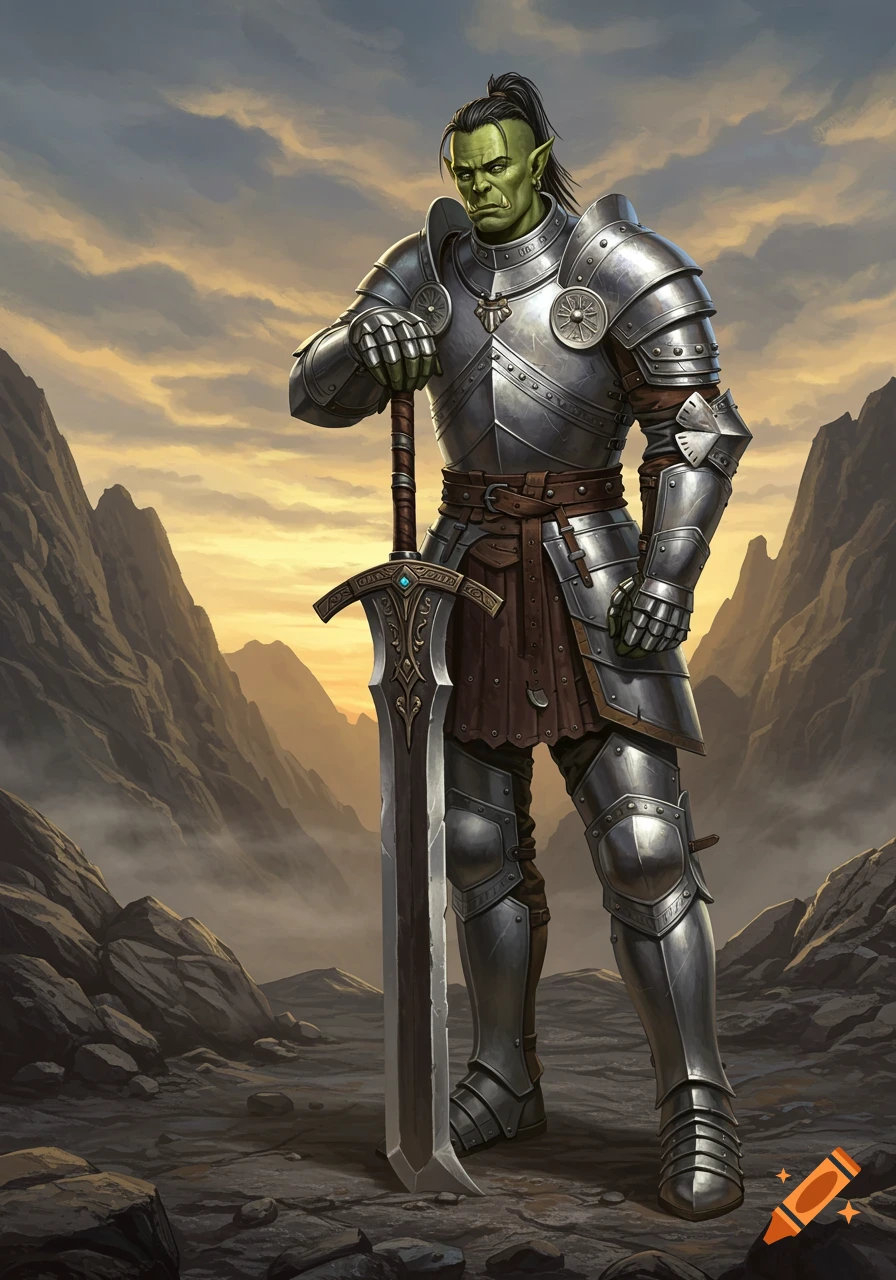 A green-skinned orc warrior in shiny full plate armor stands with a large sword in a mountainous landscape at sunset.