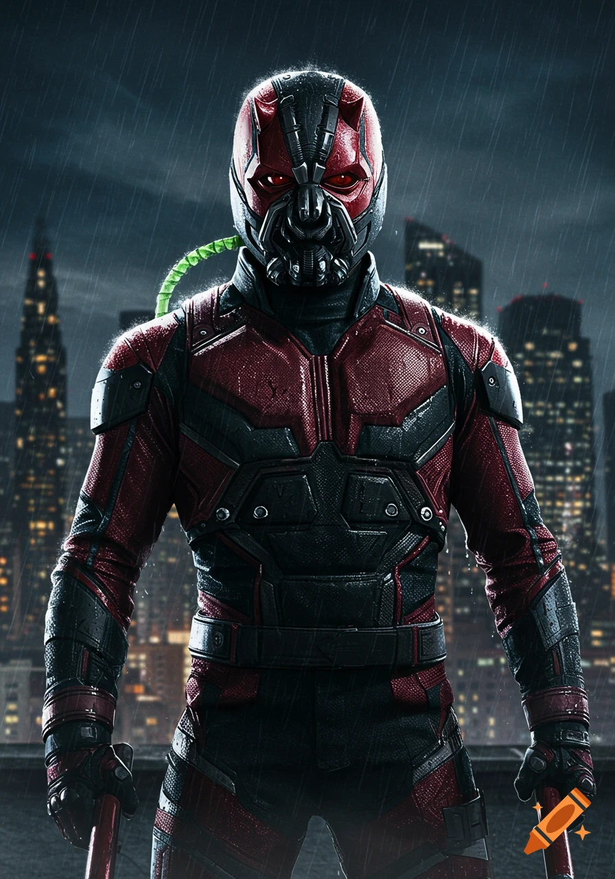 A character wearing a red and black armored suit with a helmet blending Daredevil's cowl and Bane's mask, standing in the rain on a city rooftop at night.