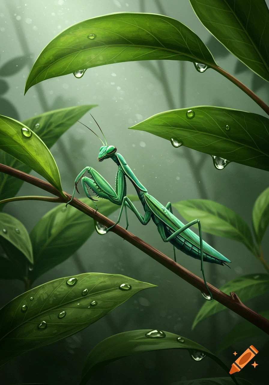 A vibrant green praying mantis perched on a brown branch, surrounded by lush green leaves with glistening water droplets.