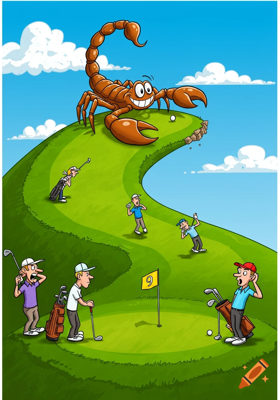 A giant cartoon scorpion on a hill overlooking a golf course with golfers, a flag with the number 9, and a blue sky.