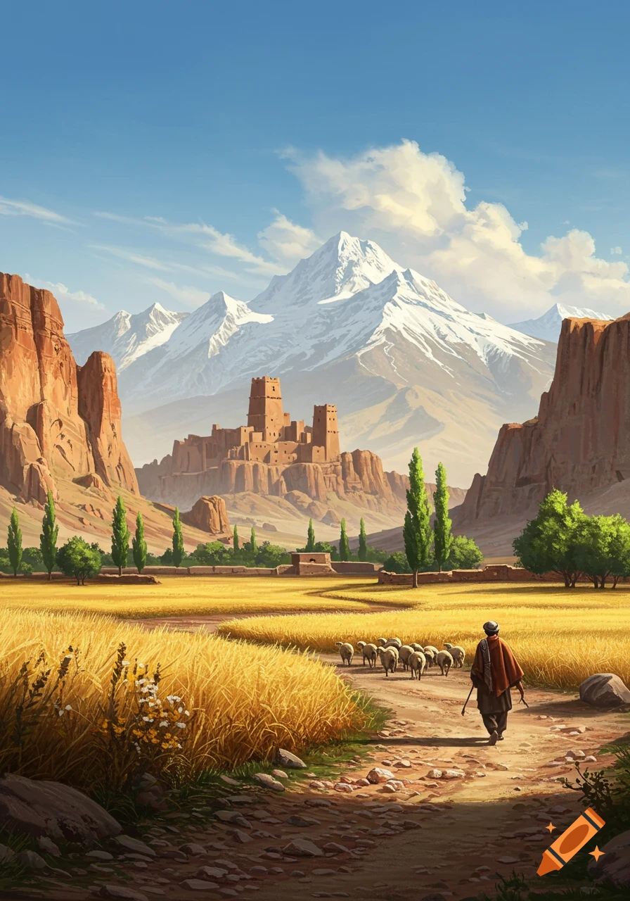 A shepherd leads sheep on a dirt path through golden fields towards a castle nestled in a valley between majestic snow-capped mountains and red cliffs.