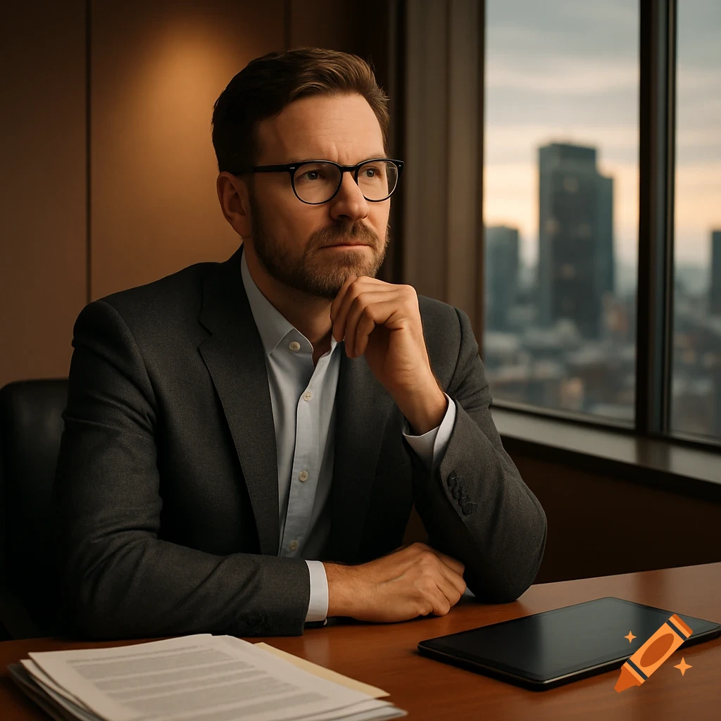 A man in a dark suit and glasses sits at an office desk, looking contemplatively out a window at a city skyline.