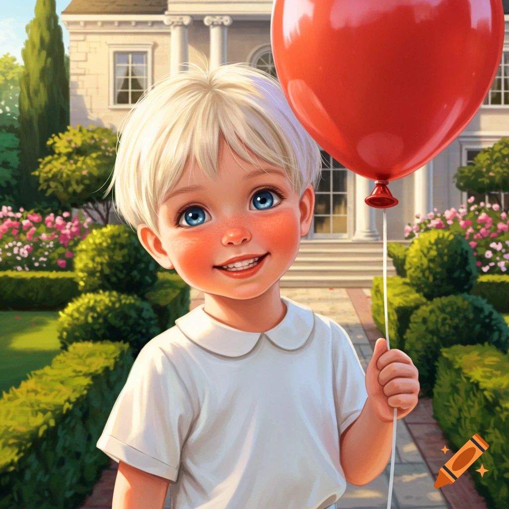 A smiling young boy with blonde hair and blue eyes holds a red balloon in a sunny garden with a mansion.