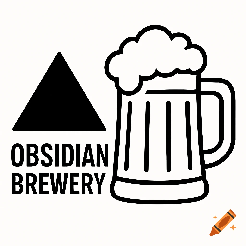 Black and white line art logo featuring a solid black triangle next to a frothy beer stein. The text "OBSIDIAN BREWERY" is below the triangle.