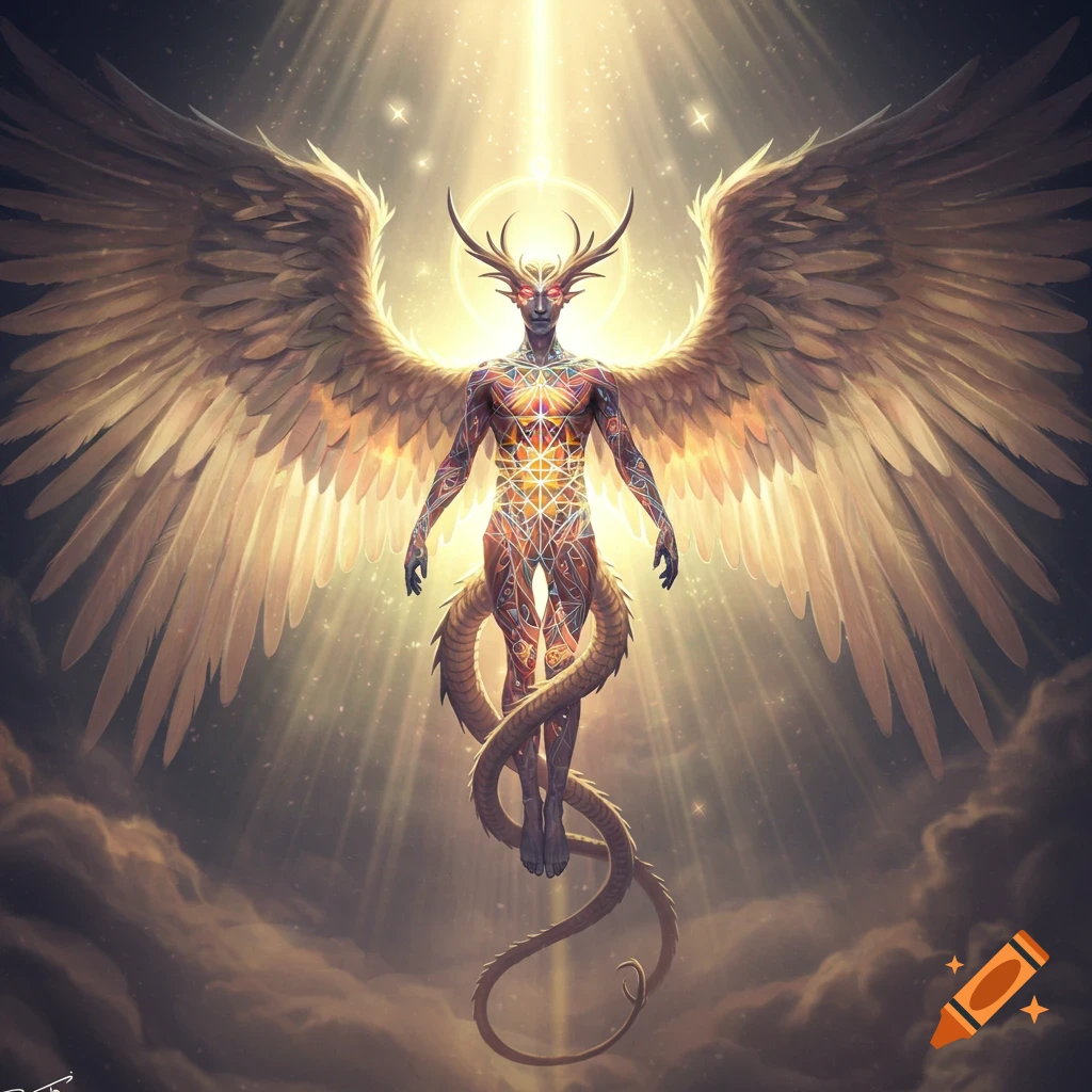 A winged being with deer-like horns, glowing red eyes, and a patterned body with a long dragon tail floats amidst clouds with light rays from above.