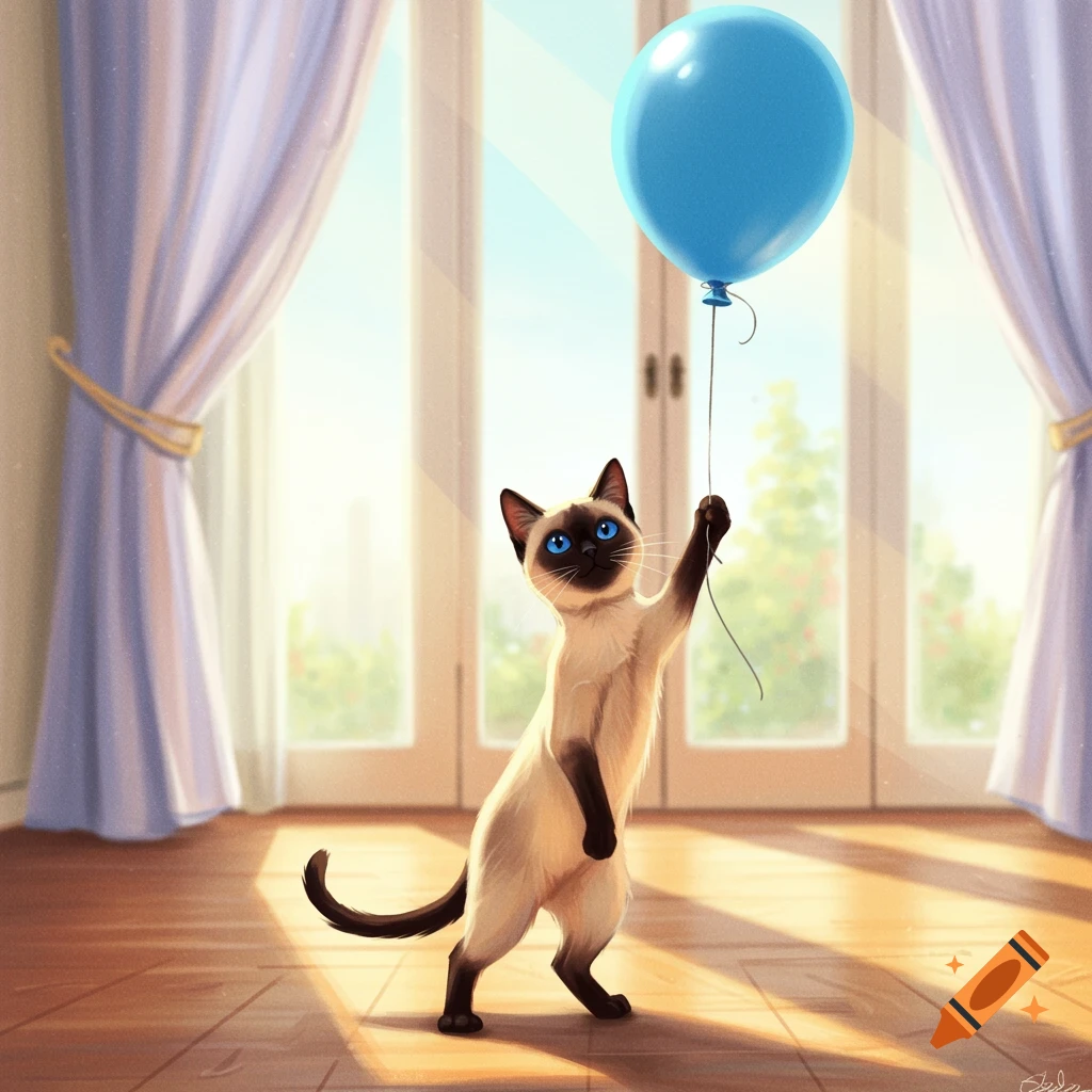 A cute Siamese cat stands on its hind legs, holding the string of a blue balloon in a bright room.