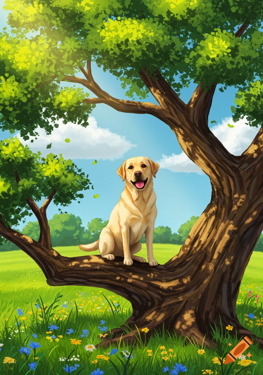 A happy yellow Labrador dog sits on a large tree branch in a sunny field with green grass and wildflowers under a blue sky.