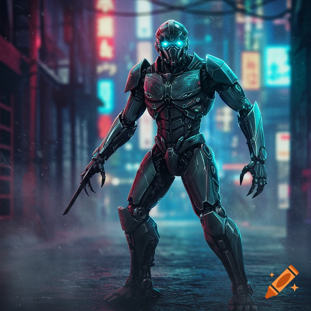 A dark, armored robot with glowing blue eyes holding a blade, standing in a dim, neon-lit cyberpunk city alley.
