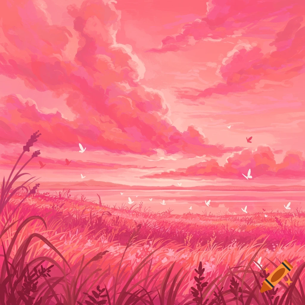 A vibrant pink landscape featuring a field of tall grass and wildflowers under a cloudy, reddish-pink sky with many small white butterflies.