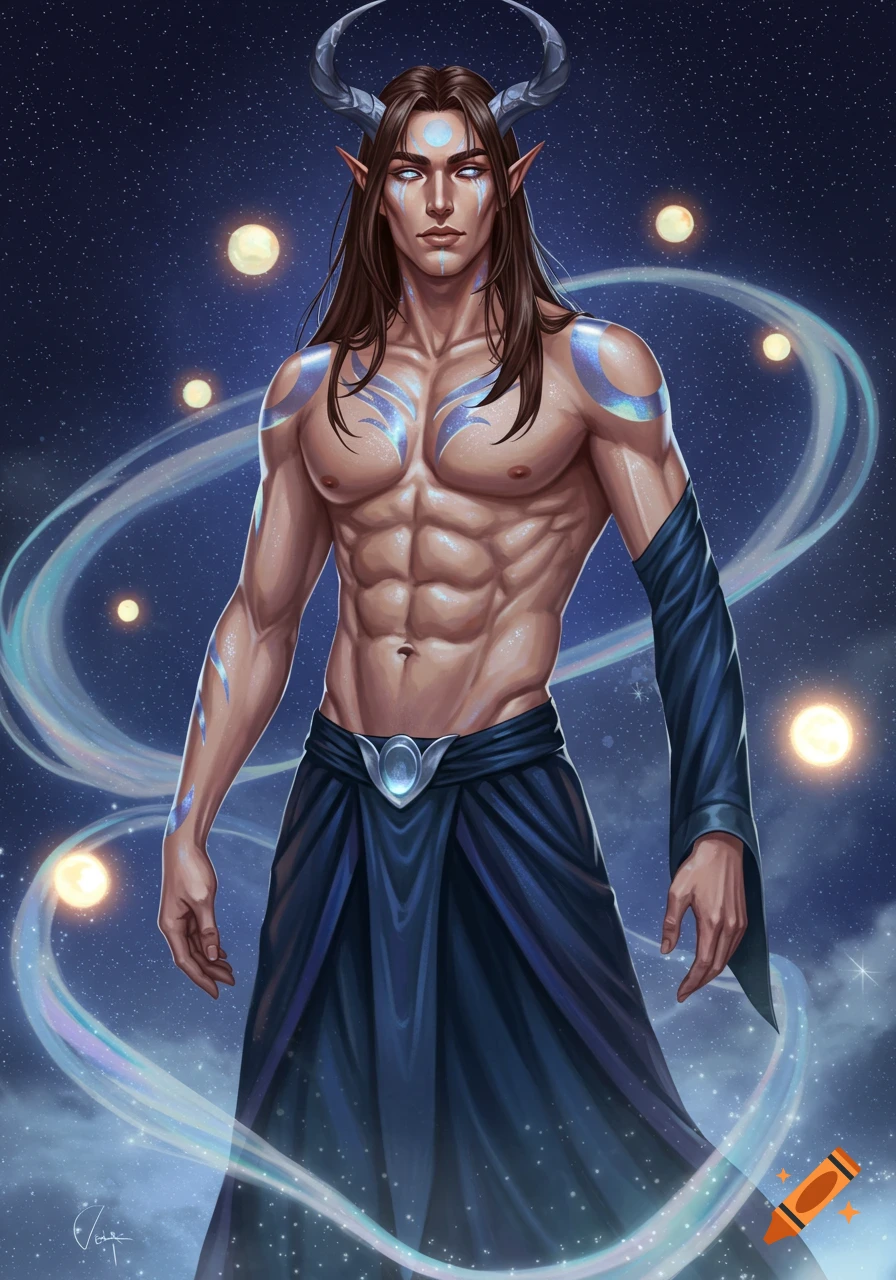 A muscular male moon elf with long hair and horns, adorned with glowing blue markings, stands in a starry celestial night.