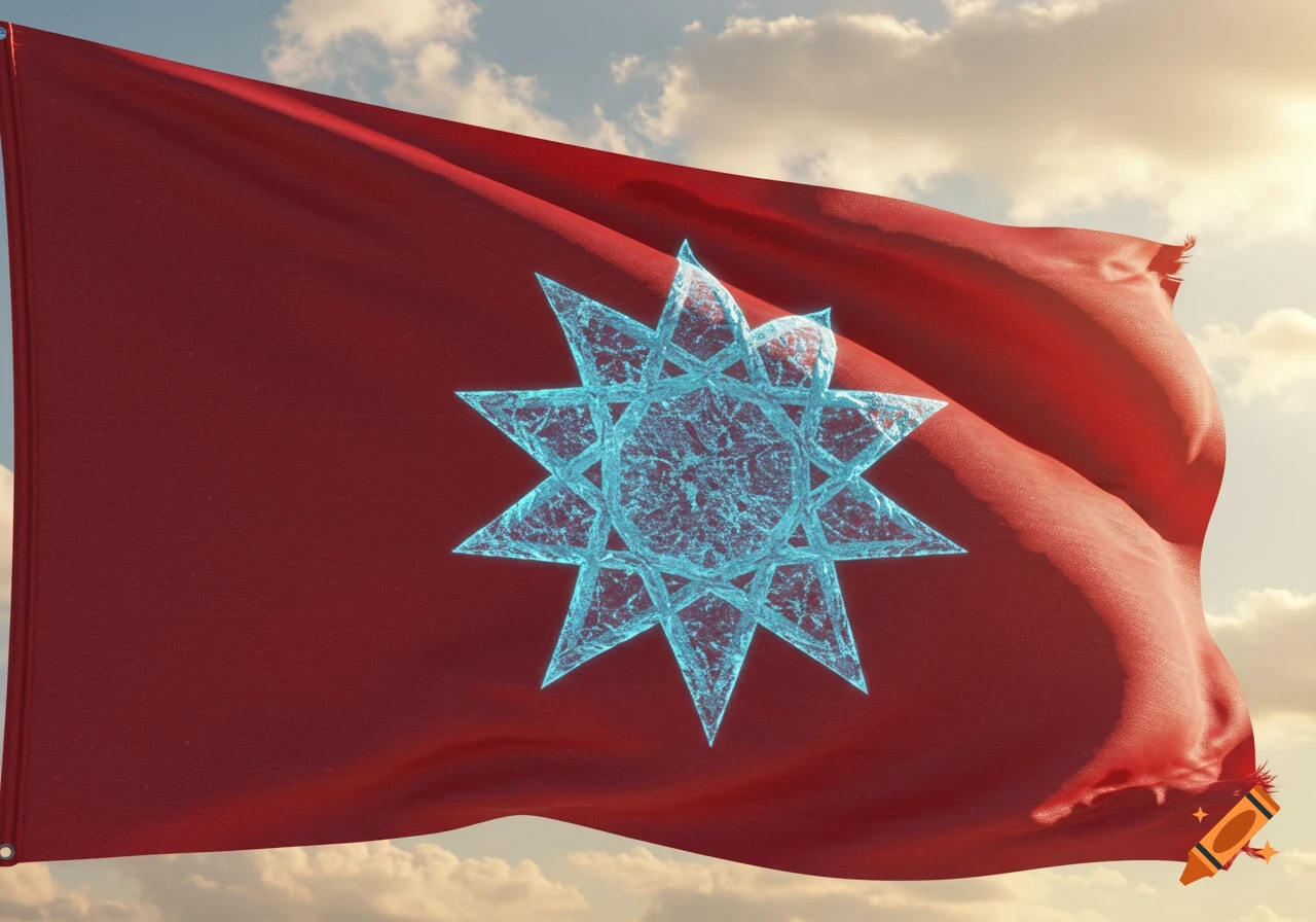 A red flag featuring a glowing, icy blue 12-point star waves against a cloudy sky.