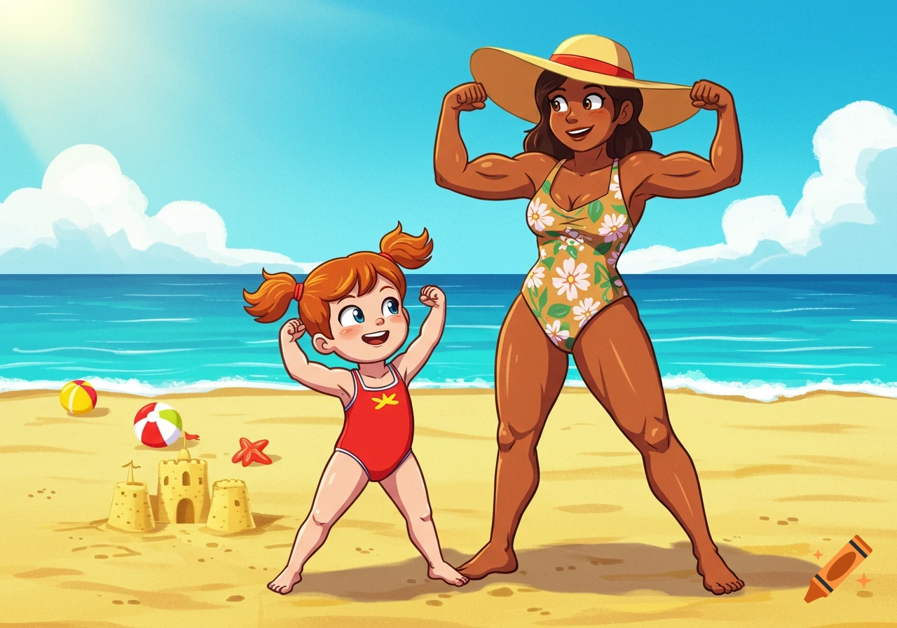 A cartoon woman and young girl flex their muscles on a sunny beach, with sandcastles and beach balls in the sand.