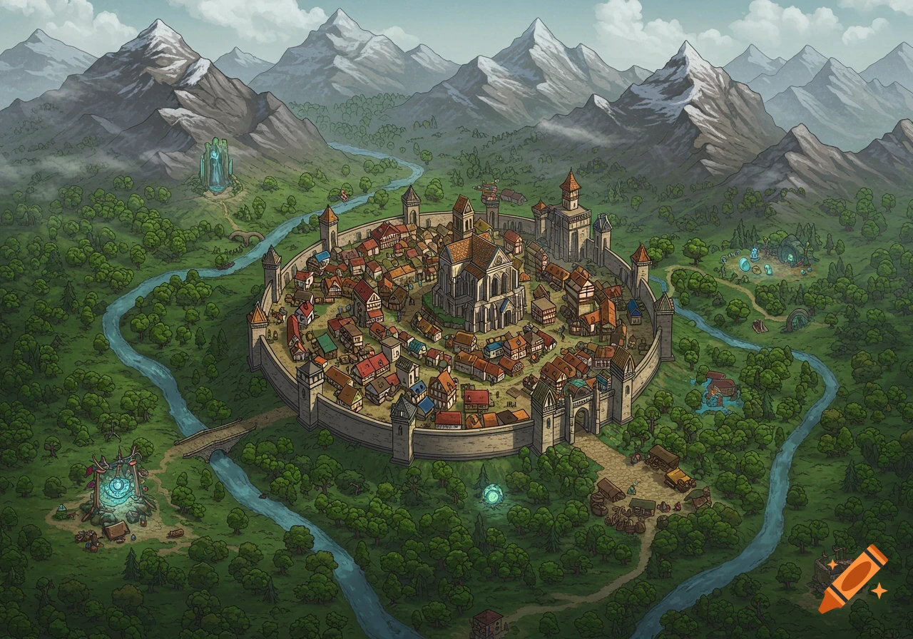 An illustrated concept map of a fantasy city enclosed by walls, nestled within lush forests, winding rivers, and snow-capped mountains.