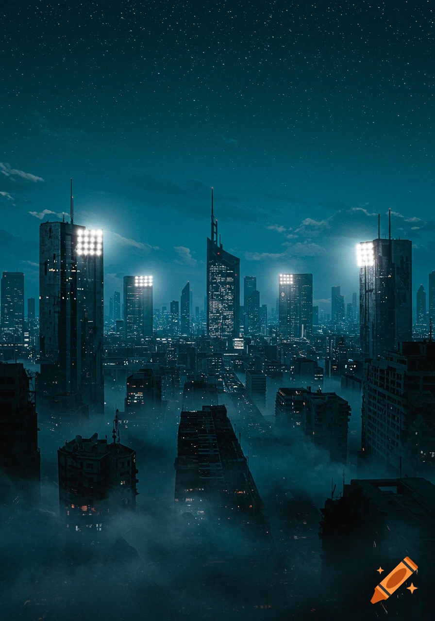 A sprawling, dark futuristic city shrouded in mist under a starry night sky, with bright stadium lights illuminating certain buildings.