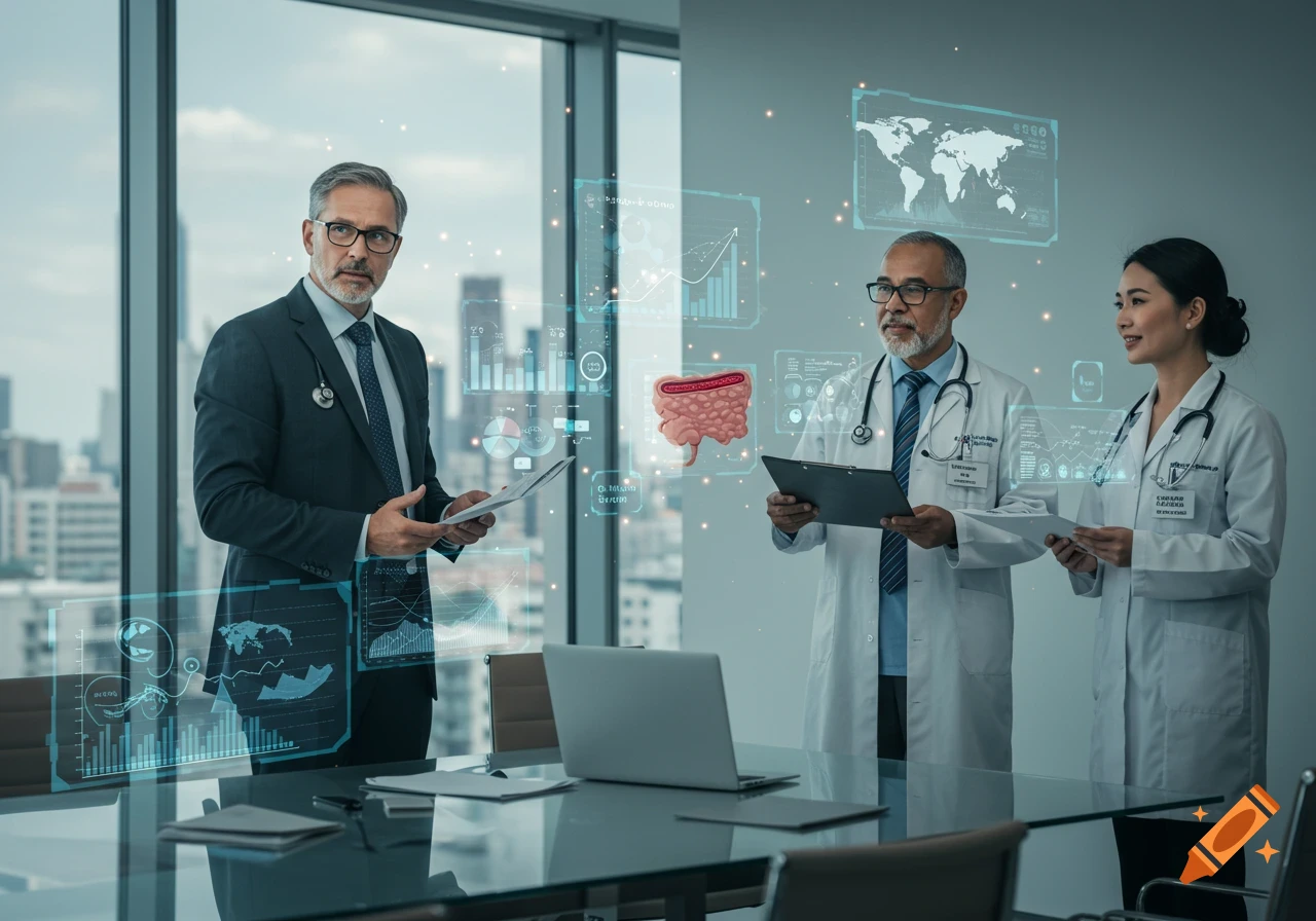 Three medical professionals, two in lab coats and one in a suit, stand in a modern office with large windows overlooking a city, surrounded by glowing holographic medical data displays.