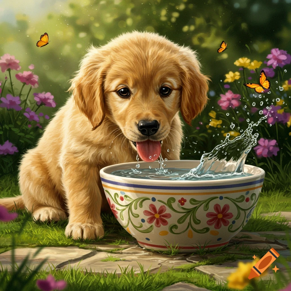 A cute golden retriever puppy drinks water from a decorative bowl in a vibrant garden with butterflies.