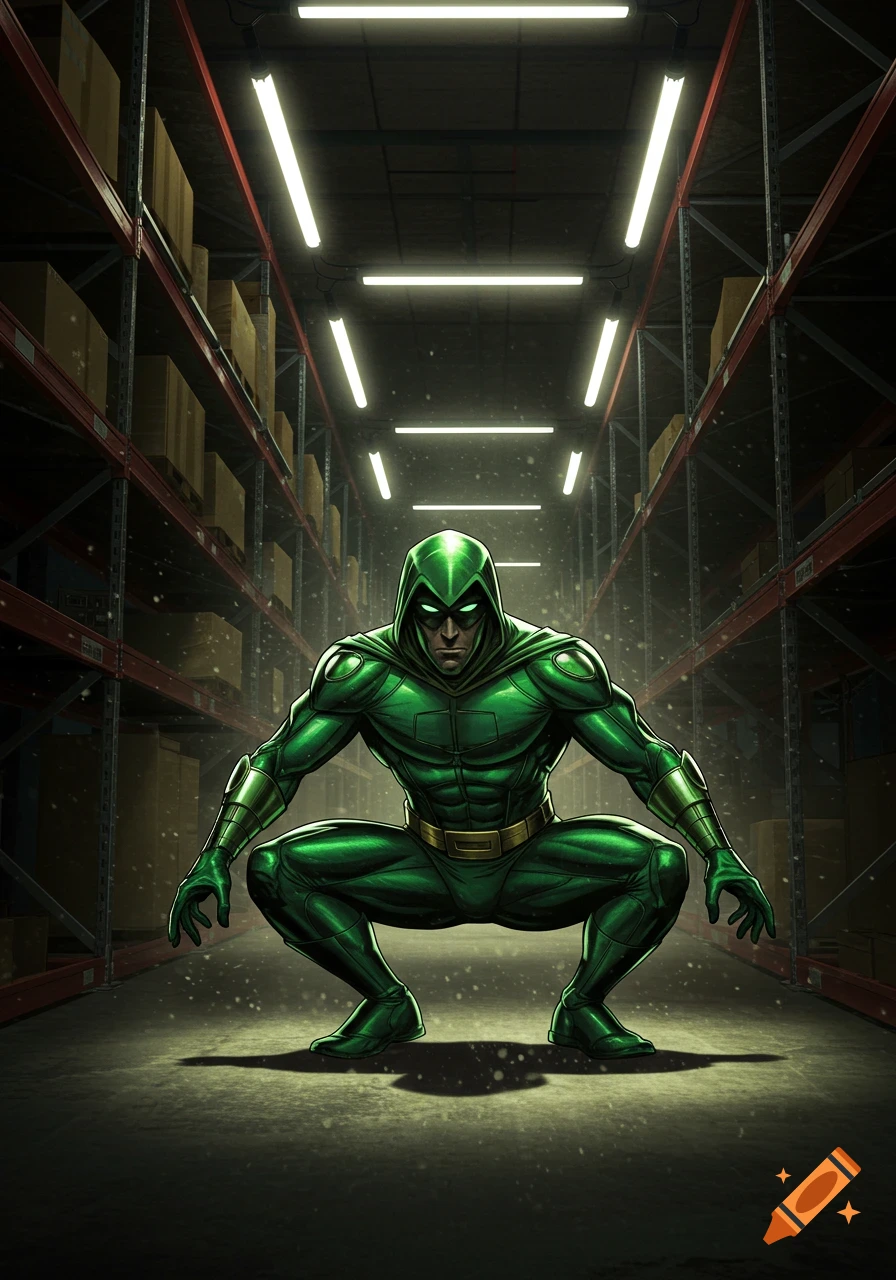A green-clad superhero with a hood and glowing eyes squats in a dimly lit warehouse aisle with boxes.