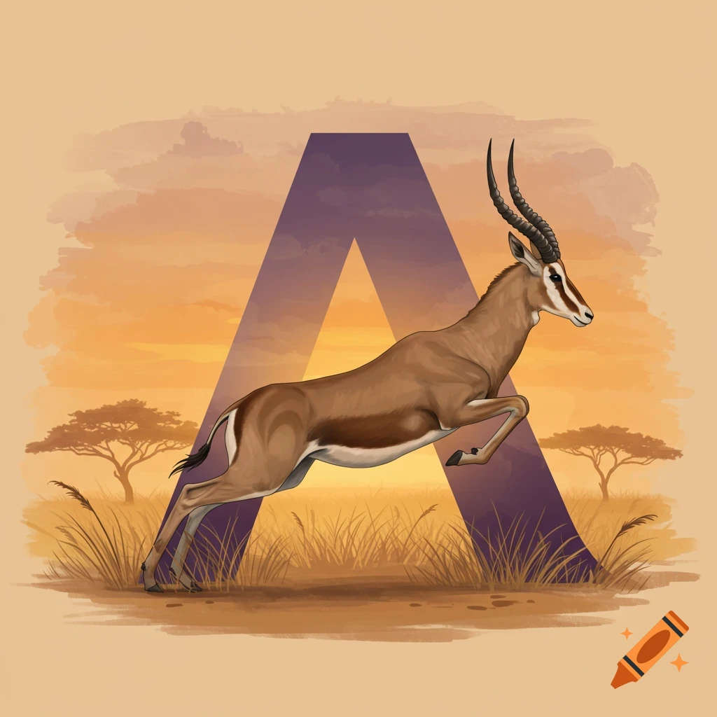 An antelope leaps across a large purple letter 'A' in a savanna landscape at sunset, in an illustrative style.