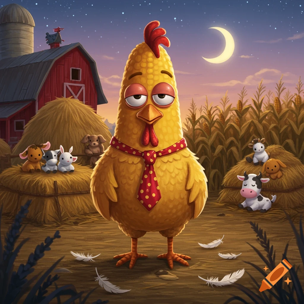 A sleepy, corn-shaped cartoon chicken with a red tie stands in a farm field at night, surrounded by cute farm animals and a barn under a crescent moon.