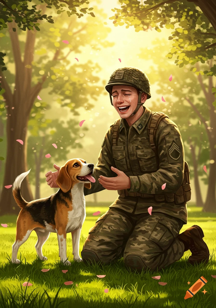 A soldier in uniform kneels on grass, crying tears of joy while petting a happy beagle dog in a sunlit park with pink petals falling.
