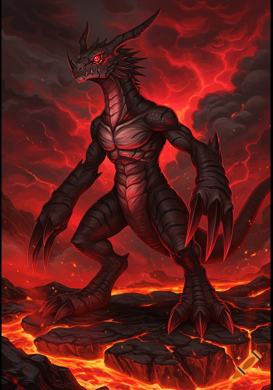 A black and red dragon-like creature with sharp claws and glowing red eyes stands in a volcanic, fiery landscape, digital art.