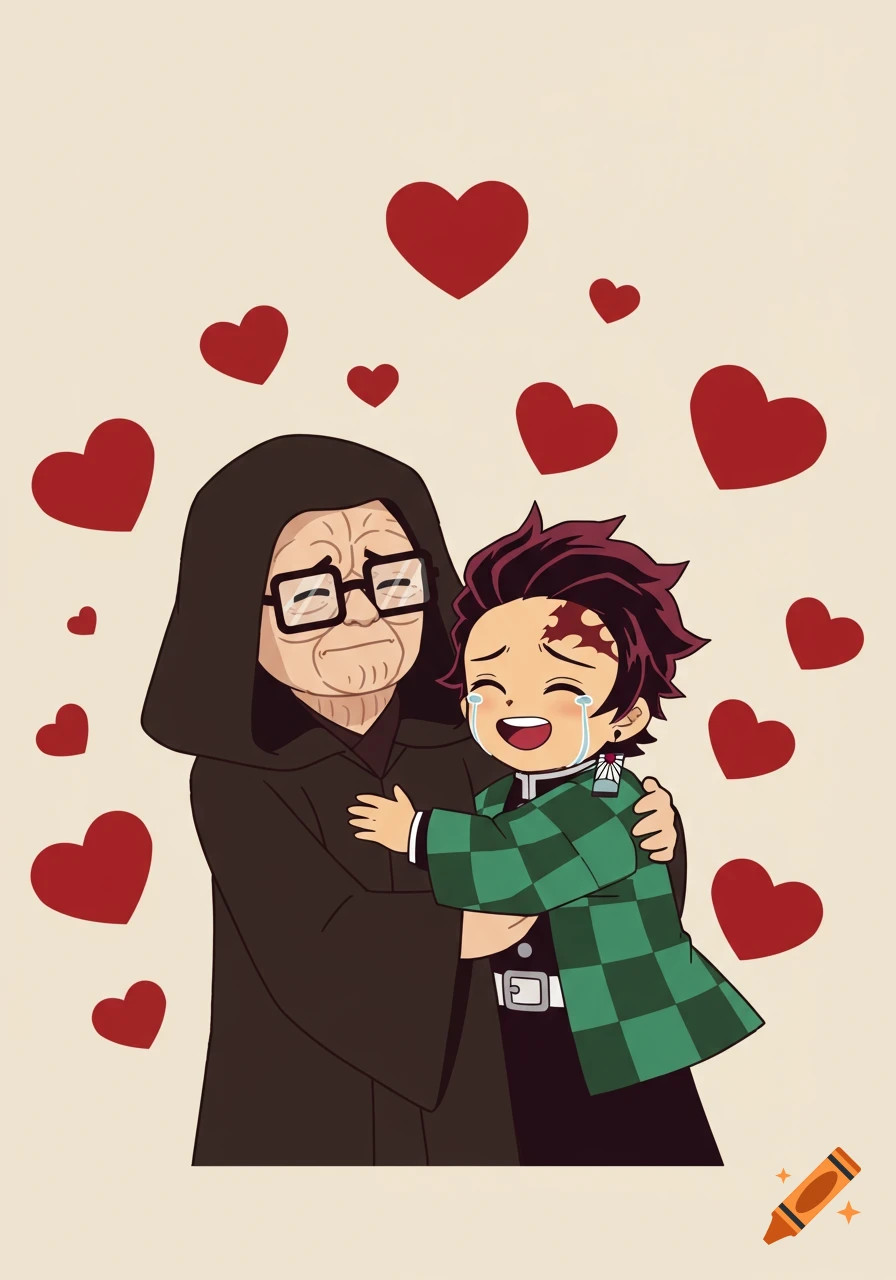 A cartoon of a stylized Emperor Palpatine in glasses hugging a crying Tanjiro Kamado, with red hearts floating around them.