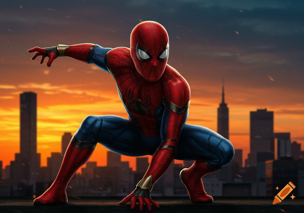 Spider-Man in a red and blue suit crouching on a rooftop at sunset with a city skyline in the background, digital art.