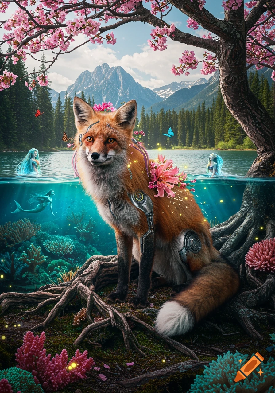 Hyper-realistic fantasy: A cyborg red fox by a mountain lake, with mermaids, cherry blossoms, and underwater coral.