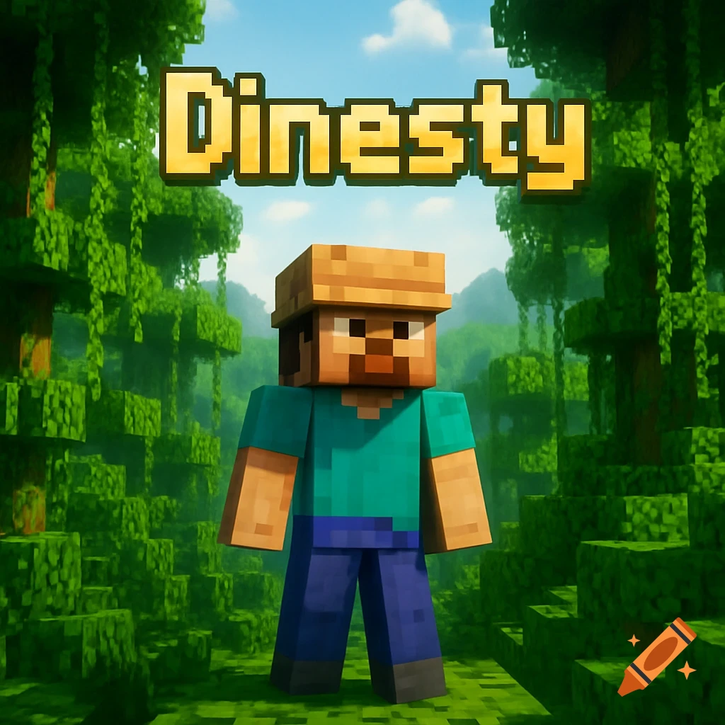 A Minecraft character wearing a hat stands in a lush jungle, with the word 'Dinesty' above them in pixelated gold text.