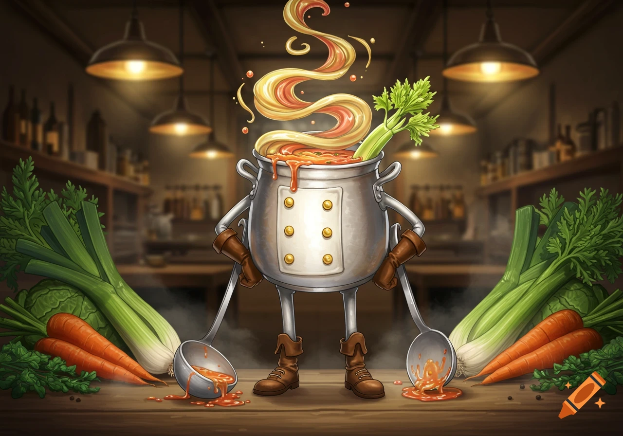 A whimsical cartoon illustration of an anthropomorphic chef's pot overflowing with soup, holding ladles, surrounded by vegetables in a kitchen.