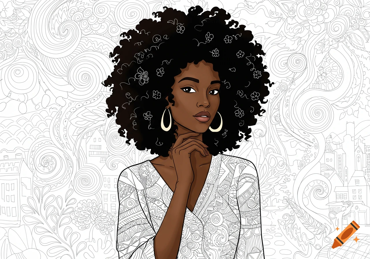 Stylized illustration of an African American woman with afro hair and hoop earrings, on a white background with line art patterns.