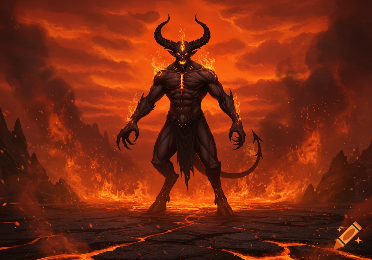 A powerful, horned demon with glowing eyes and fiery accents stands in a volcanic, hellish landscape with lava and flames.
